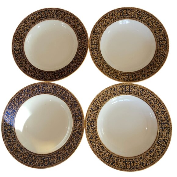 4 Sango Aristocrat Cobalt Soup Bowl 8" Japan gold scrolls bold blue rim scrollwo - Picture 1 of 9